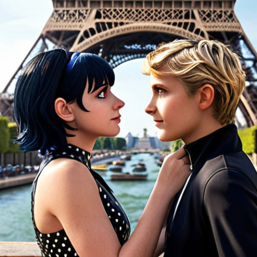 Marinette and Adrien in their civilian forms, juxtaposed with Ladybug and Cat Noir, in front of the Eiffel Tower. Emphasize the duality of their lives.