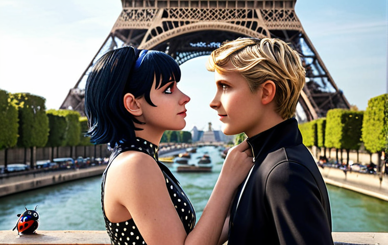 Marinette and Adrien in their civilian forms, juxtaposed with Ladybug and Cat Noir, in front of the Eiffel Tower. Emphasize the duality of their lives.