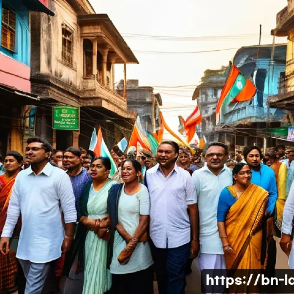 샤노아르와의 갈등 에피소드 - A vibrant street scene in a Bengali town during a political rally inspired by Shanower’s ideals: div...