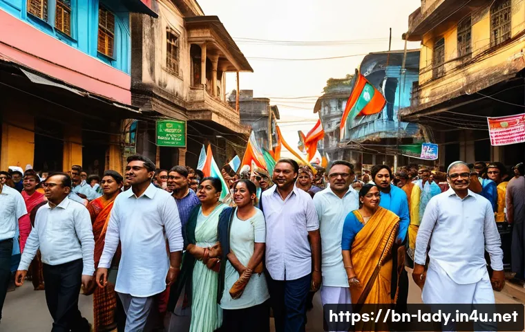 샤노아르와의 갈등 에피소드 - A vibrant street scene in a Bengali town during a political rally inspired by Shanower’s ideals: div...