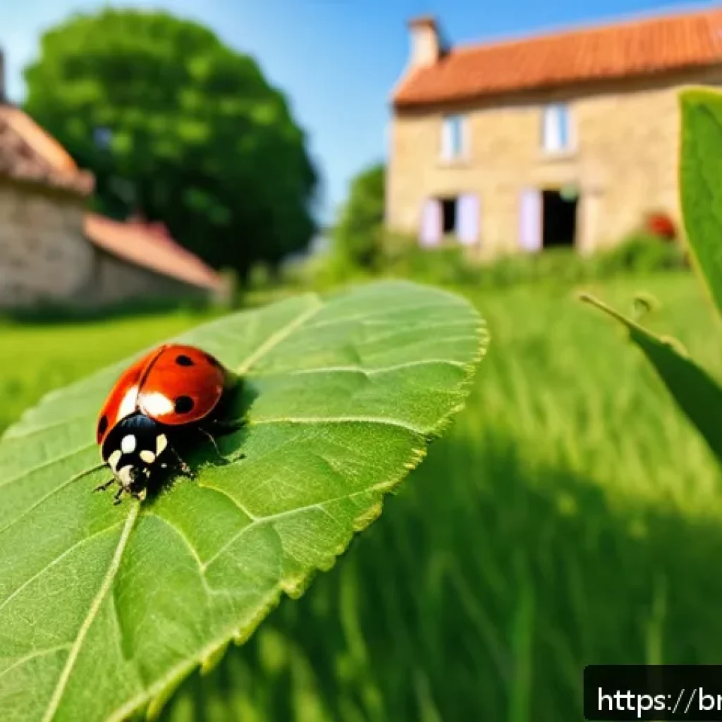 프랑스 문화와 레이디버그의 연결성 - A vibrant close-up of a traditional French countryside scene featuring a bright red ladybird with se...