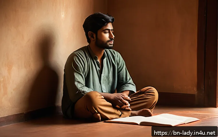 샤노아르 캐릭터 분석 - A thoughtful young Bengali man sitting cross-legged in a serene room filled with soft natural light,...