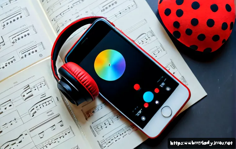 레이디버그 OST 리스트 - Photorealistic overhead view of a modern music listening desk, red-and-black polka dot headphones be...